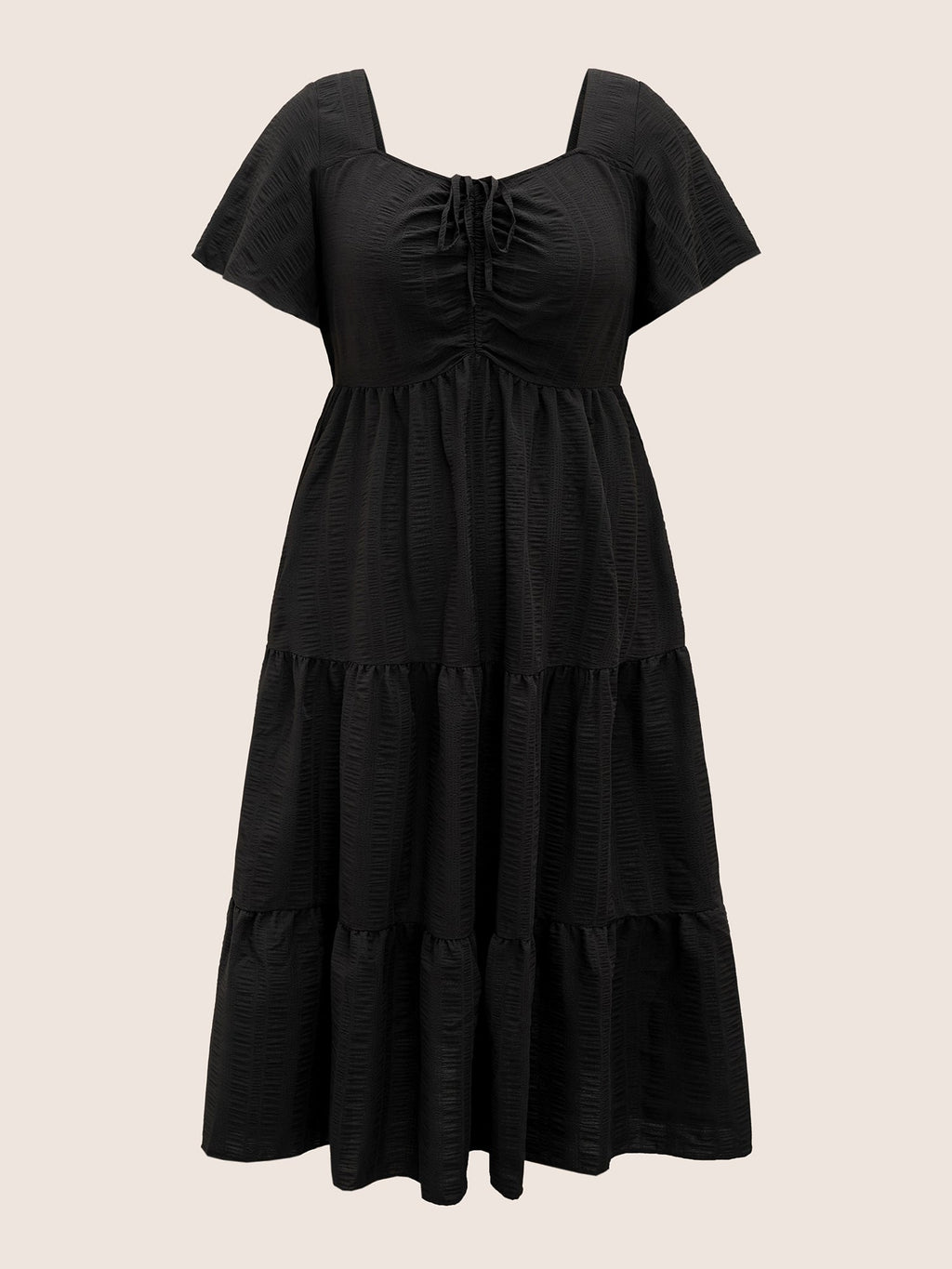 Plain Ruched Drawstring Pocket Ruffle Tiered Dress