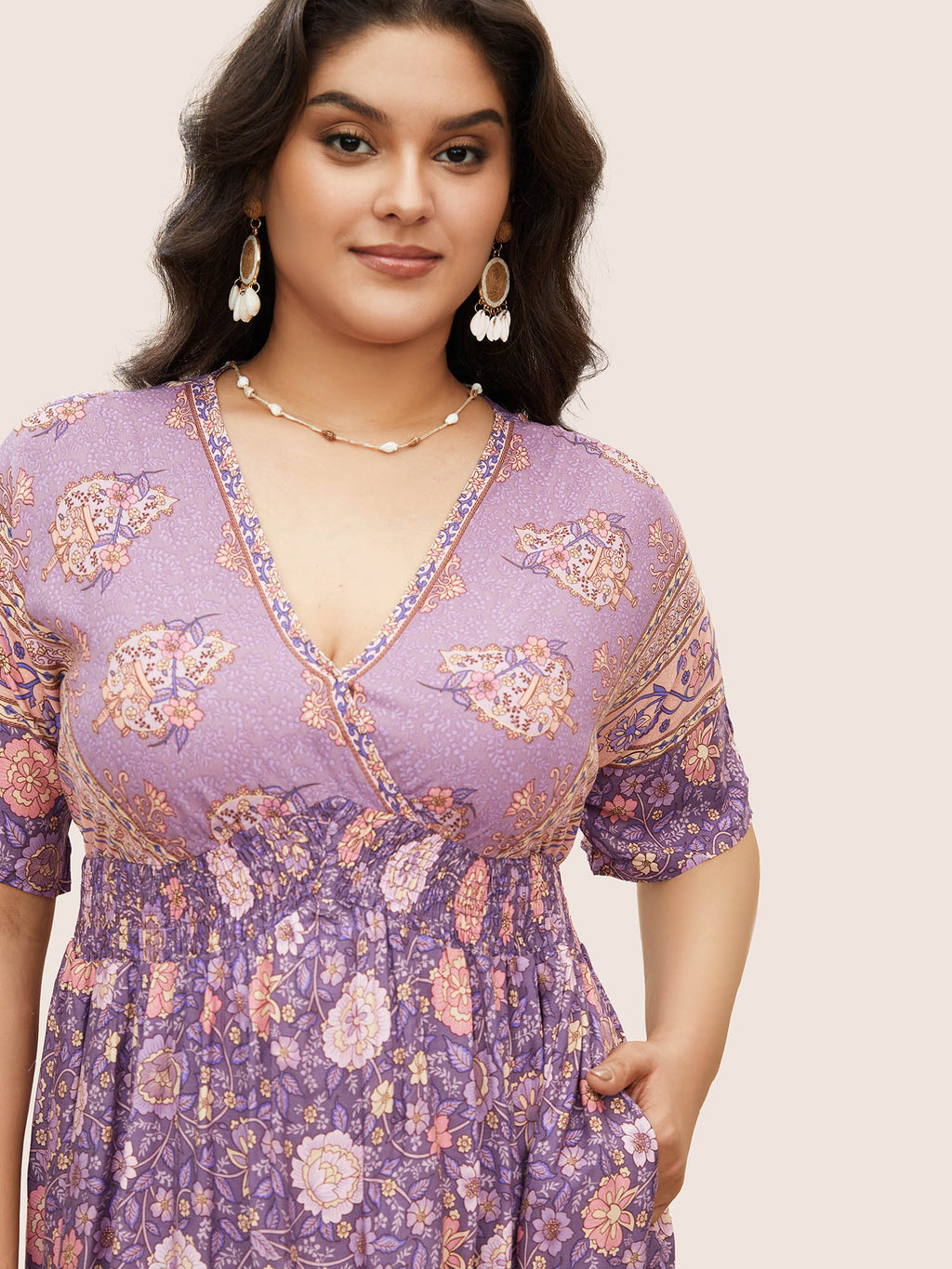 Floral Dolman Sleeve Ruffles Shirred Split Hem Dress