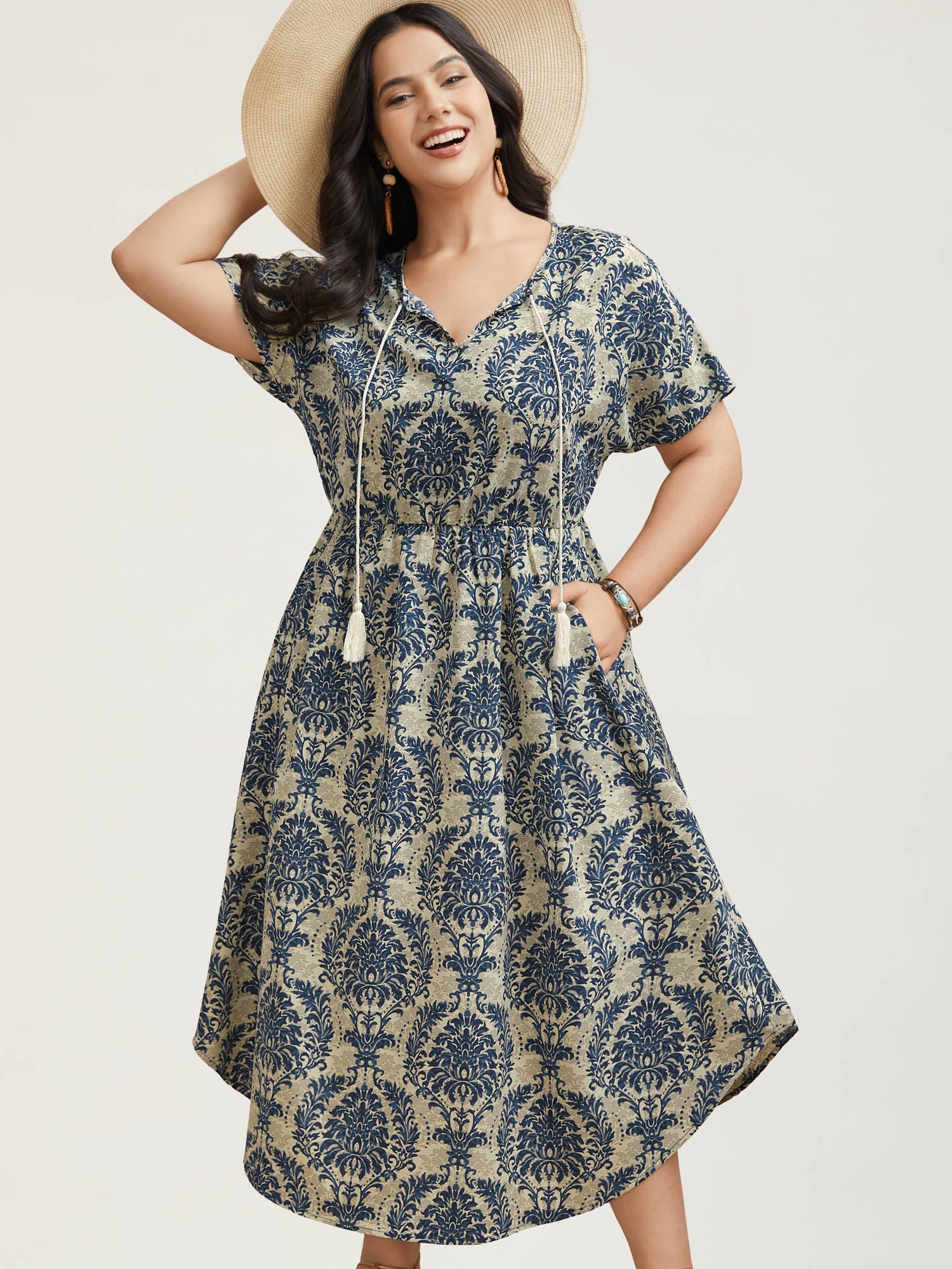 Ornate Print Curvy Hem Tied Maxi Dress