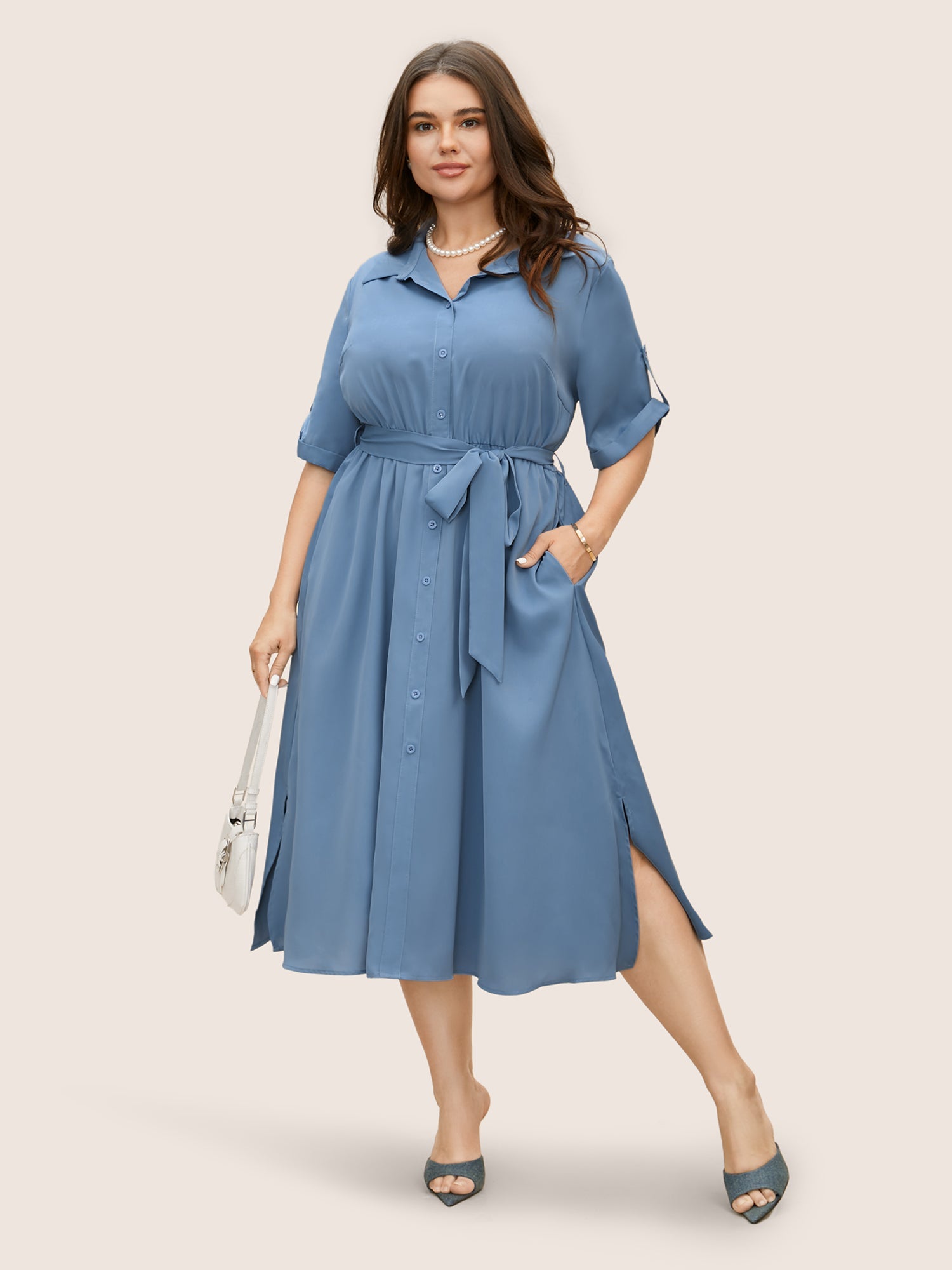 Shirt Collar Tab Sleeve Split Hem Dress