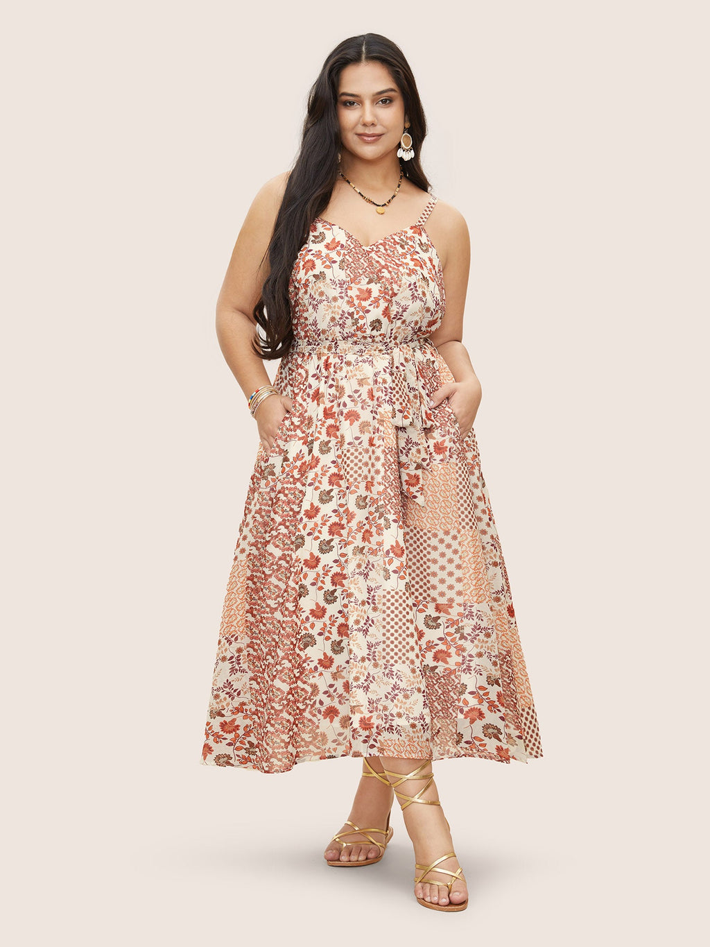 Chiffon Boho Print Wrap Belted Cami Dress