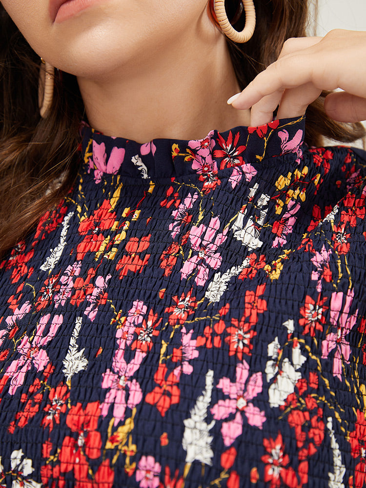 Floral Shirred Mock Neck Cut Out Pocket Ruffle Hem Dress
