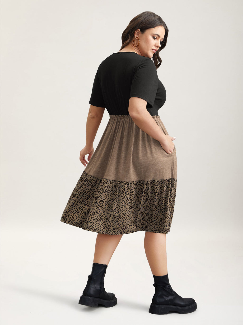 Leopard Print Color-Block Pockets Midi Dress