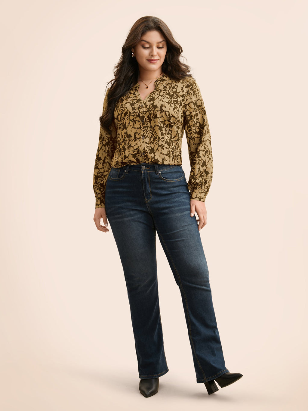 Silhouette Floral Print Notched Frill Trim Blouse