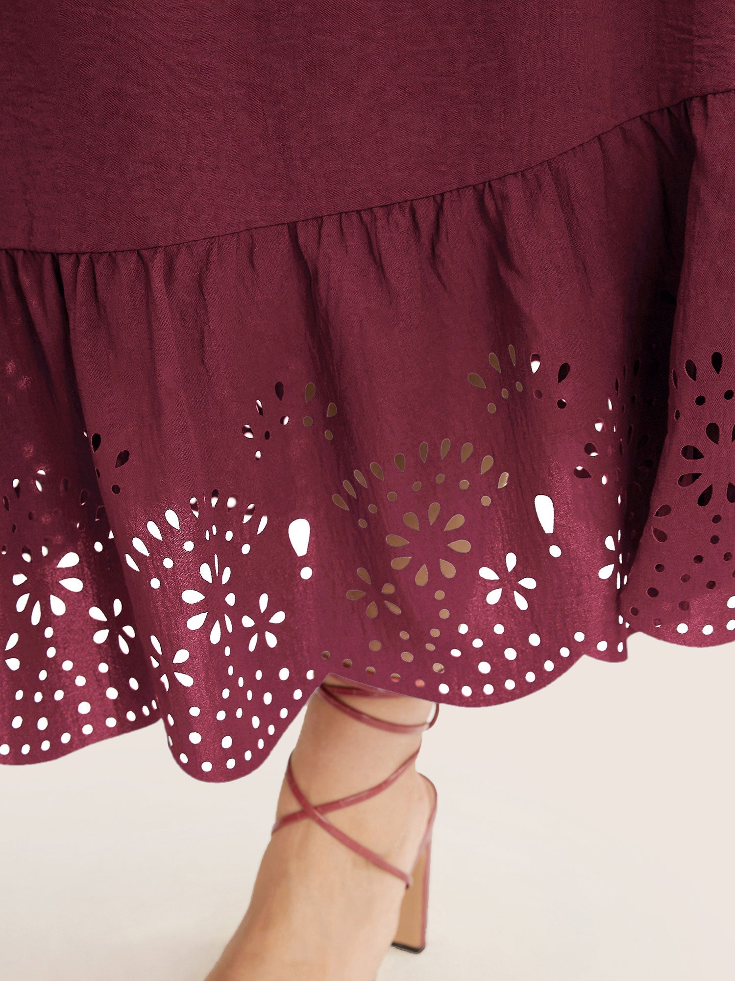 Solid Laser Cut Shirred Pocket Wrap Scalloped Trim Flutter Dress