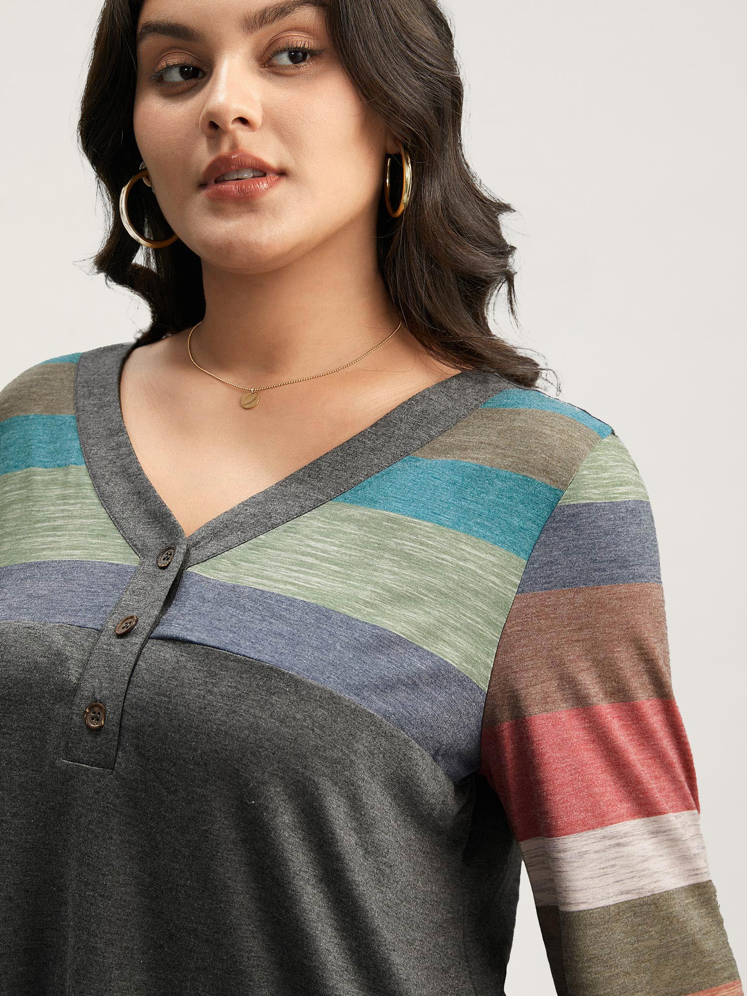 Colorblock Contrast V Neck Button Up T-shirt