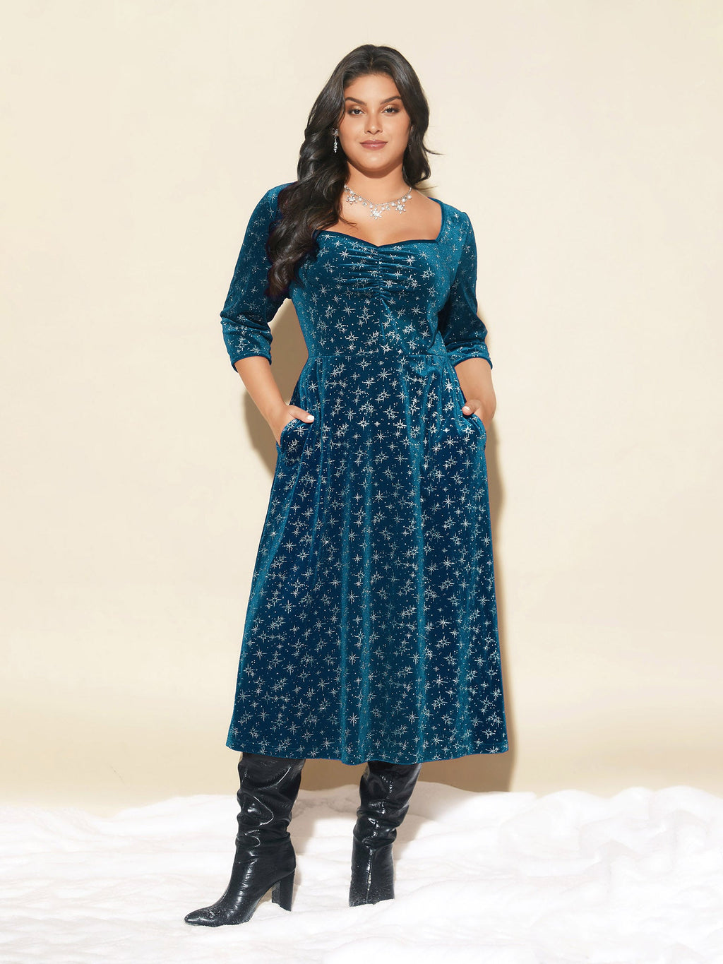 Embossed Velvet Sweetheart Neckline Midi Dress