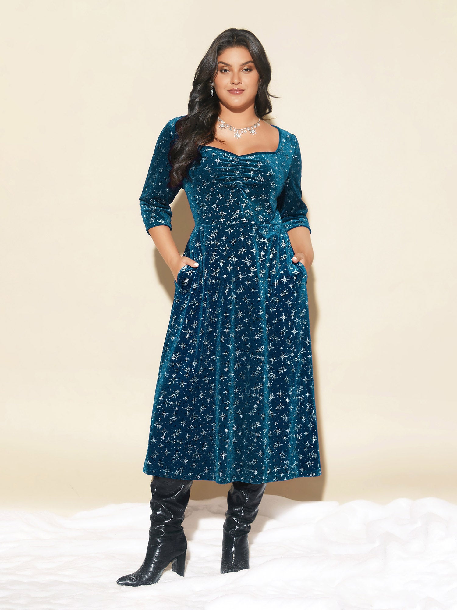 Embossed Velvet Sweetheart Neckline Midi Dress