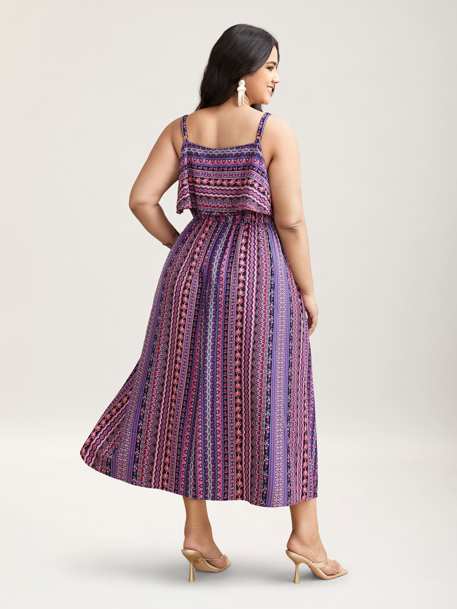 Boho Print Stretchy Waist Pockets Midi Dress