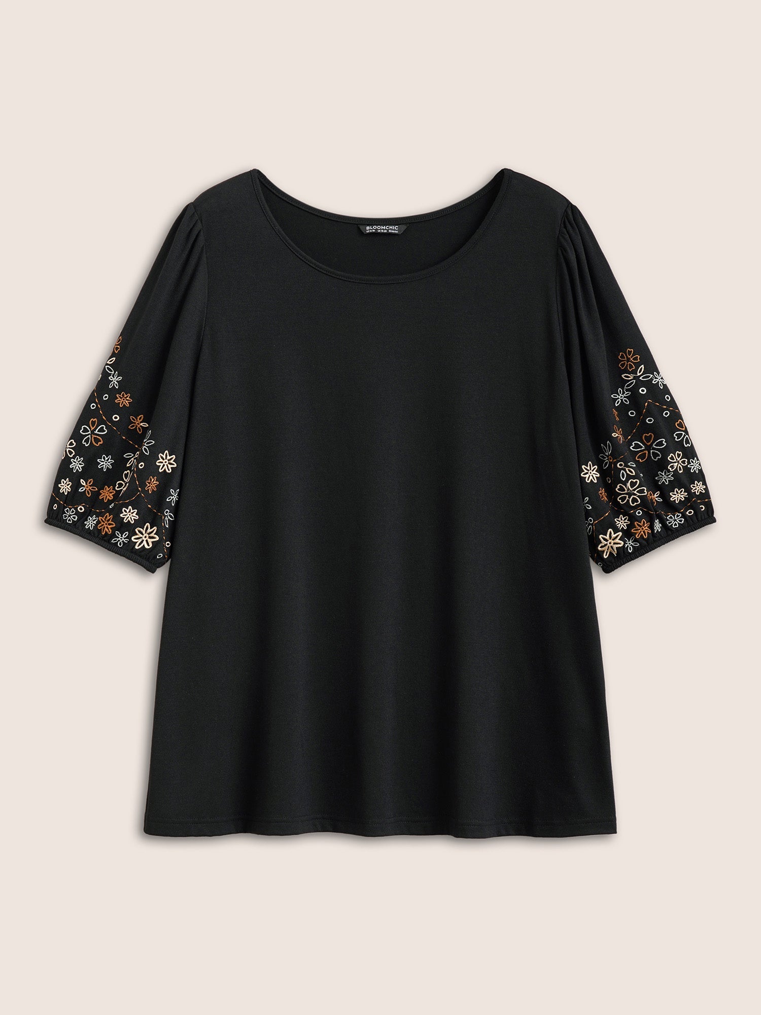Floral Embroidered Crew Neck Puff Sleeve T-shirt