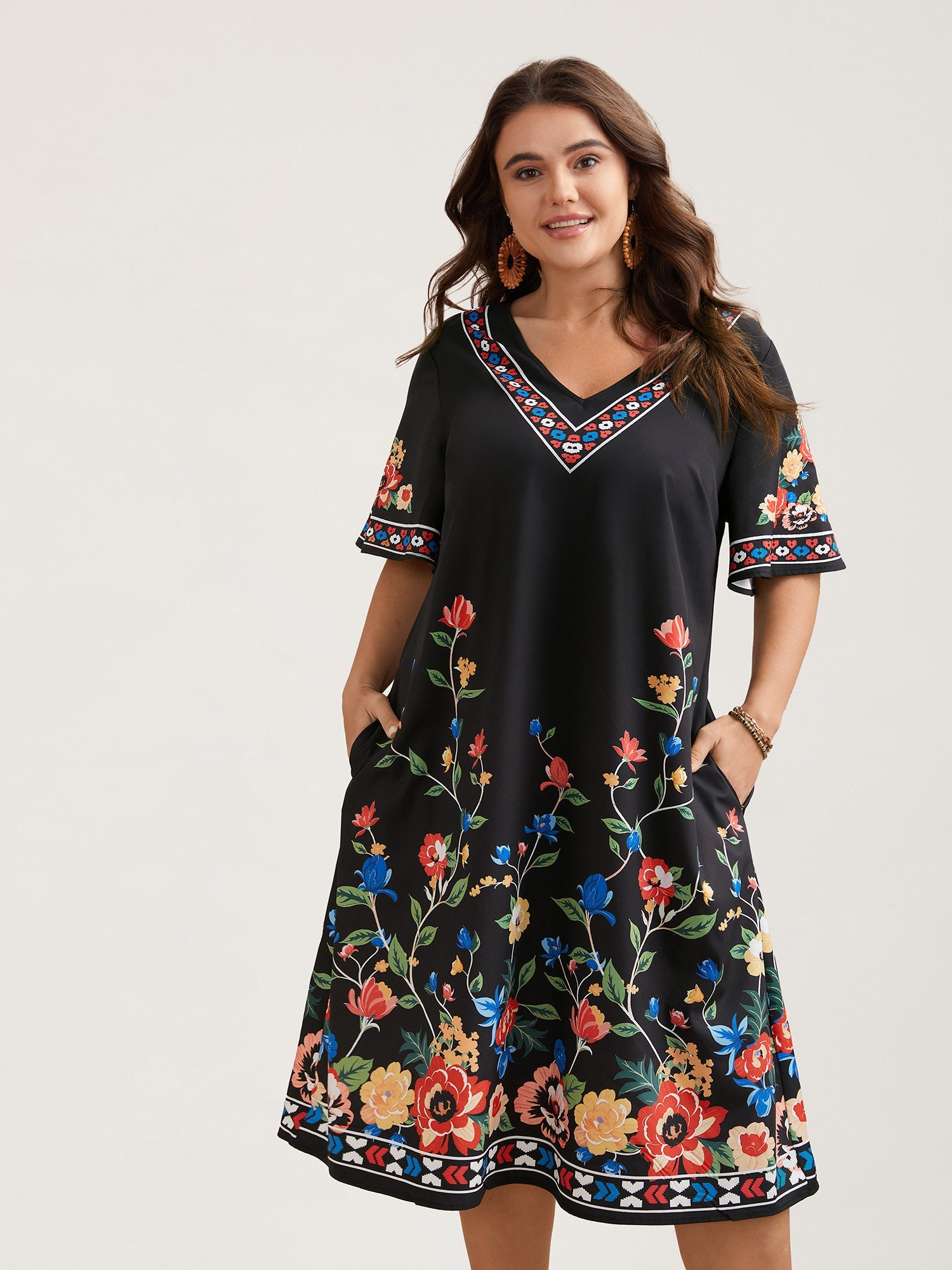 Boho Print V-Neck Flared Sleeve Midi Dress