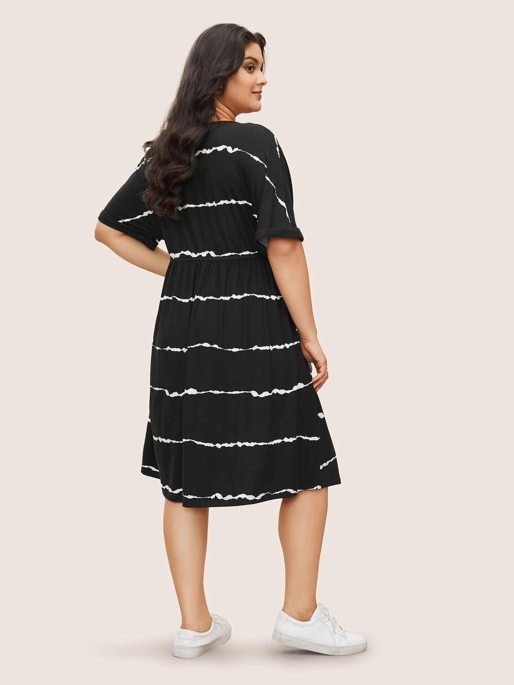 Tie Dye Roll Dolman Sleeve Pocket Gathered Knot Striped Dress