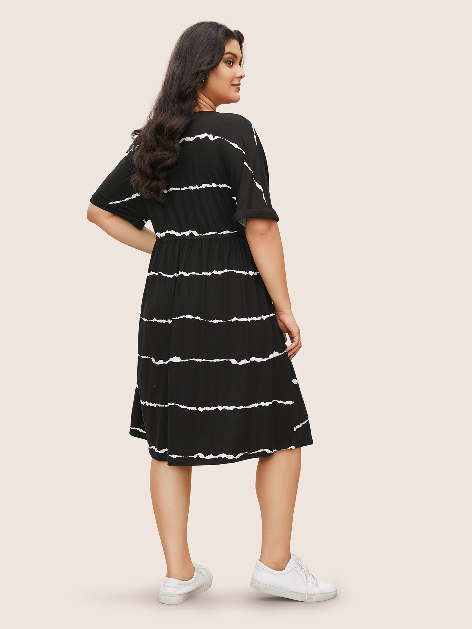 Tie Dye Roll Dolman Sleeve Pocket Gathered Knot Striped Dress