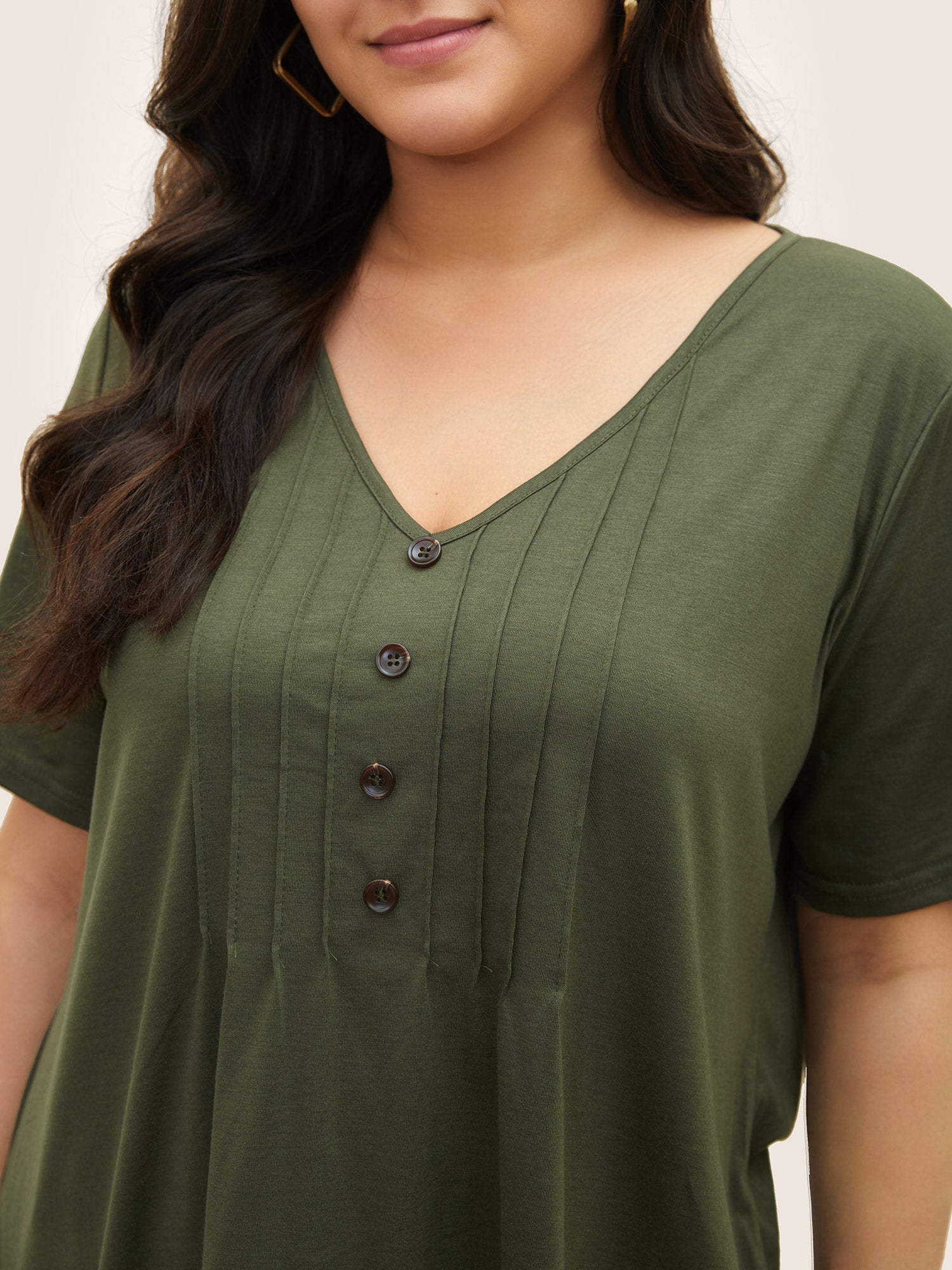 Solid Pleated Front Button Detail V Neck T-shirt