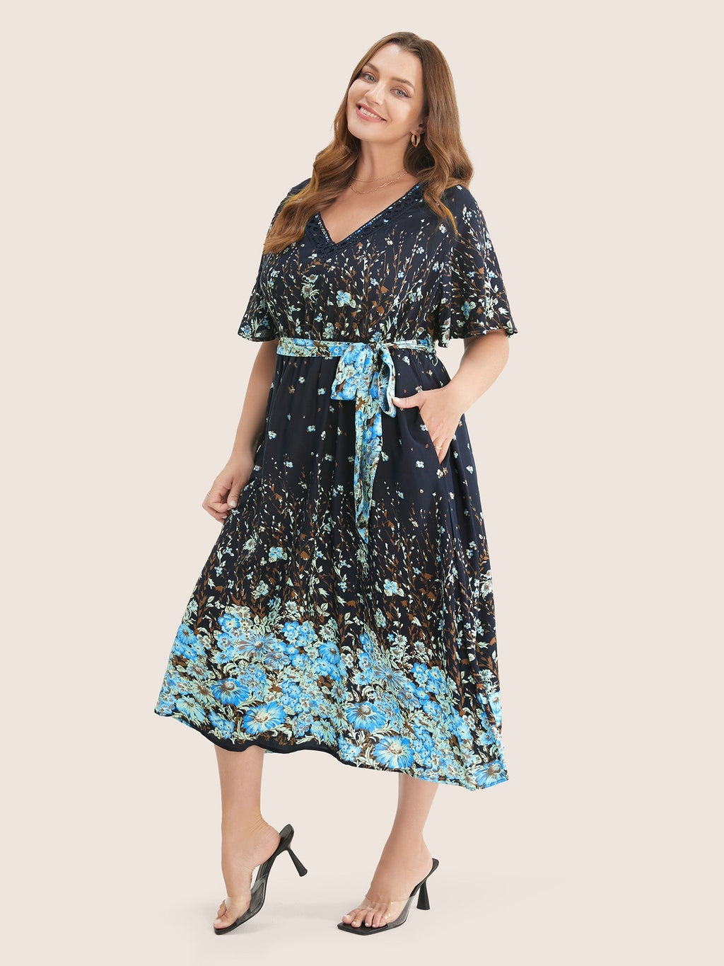 Floral & Butterfly Print Contrast Lace Pocket Belted Ruffles Dress