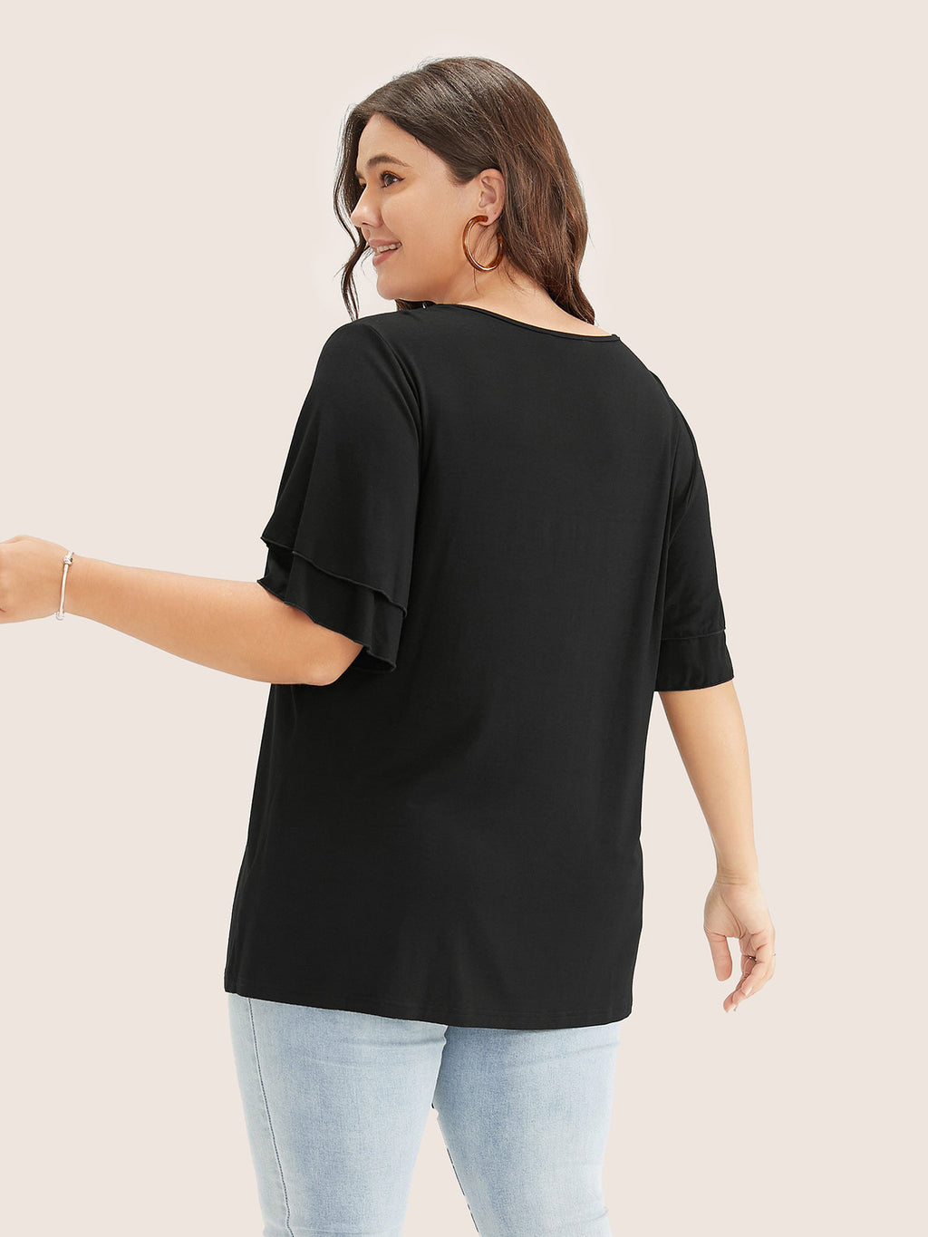 Solid Crochet Lace Ruffle Tiered Sleeve V Neck T-shirt