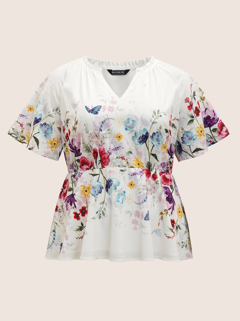 Floral Flat Collar With V Notch Frill Trim Blouse