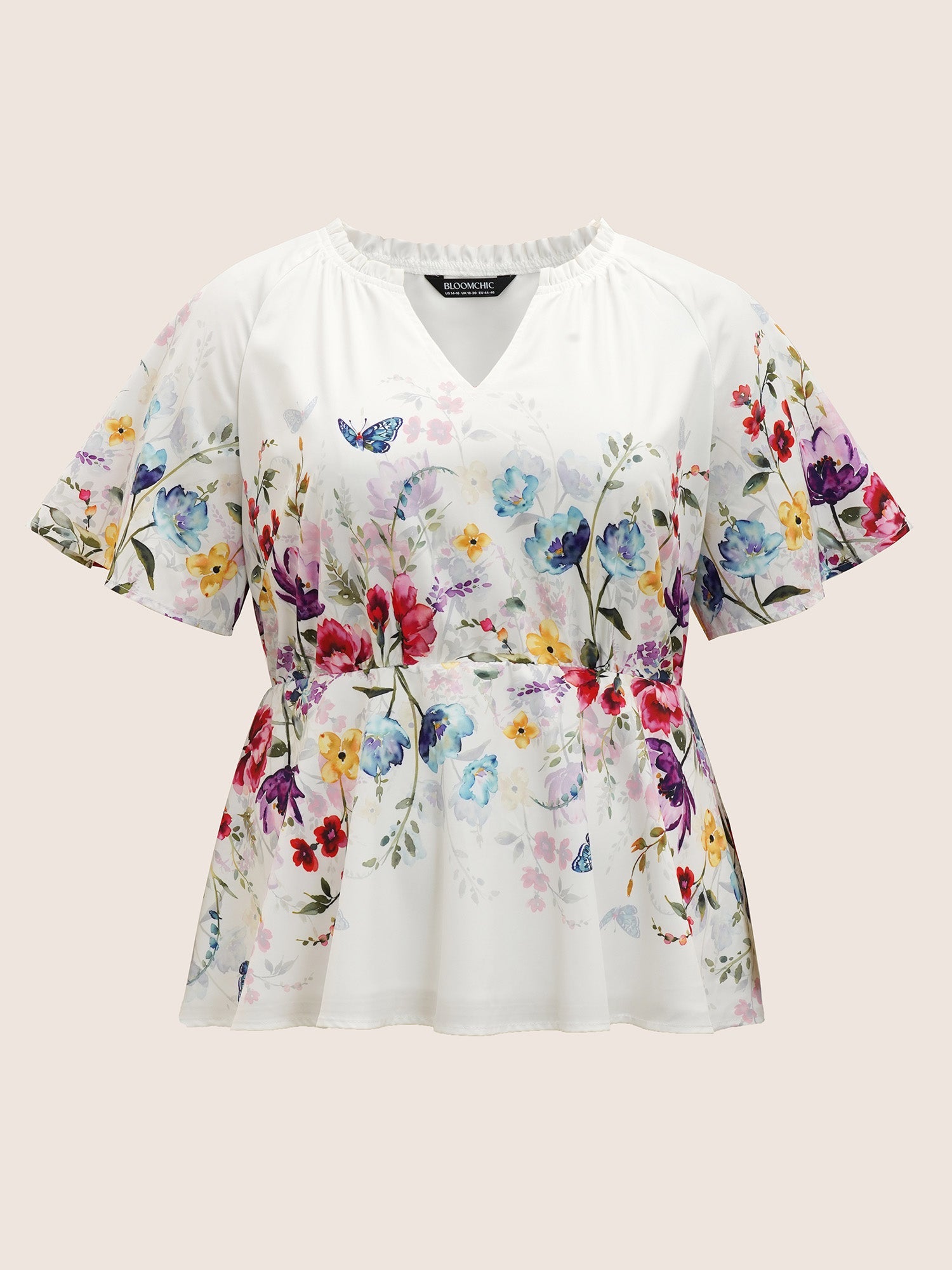 Floral Flat Collar With V Notch Frill Trim Blouse