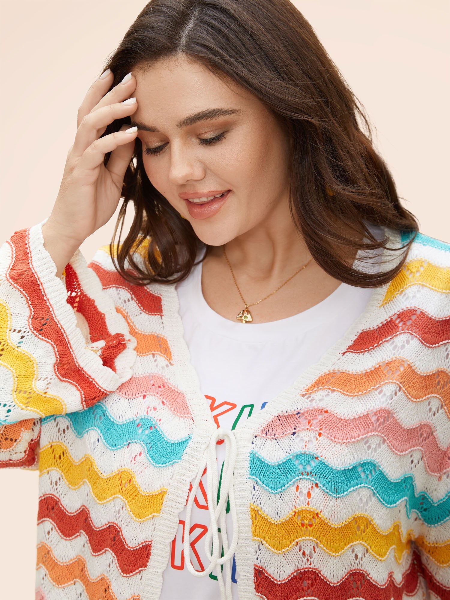 Cotton Rainbow Perforated Front Tie Cardigan