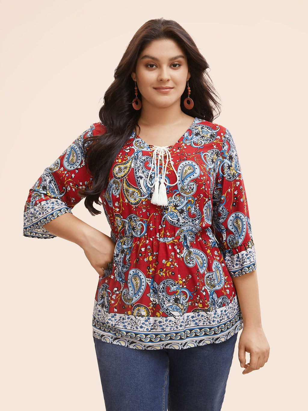 Boho Print Tie Knot Tassels Crisscross Blouse