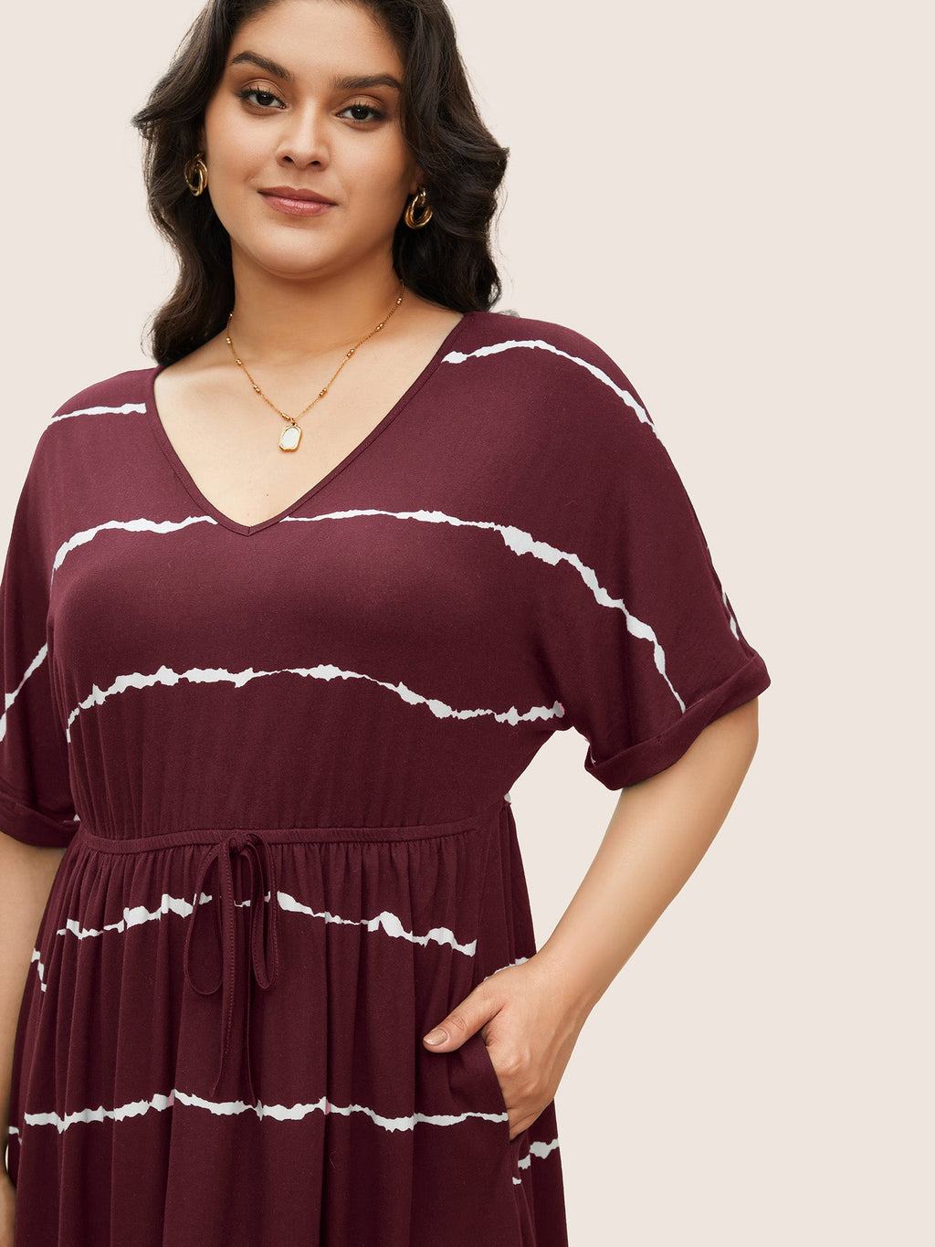 Tie Dye Roll Dolman Sleeve Pocket Gathered Knot Striped Dress