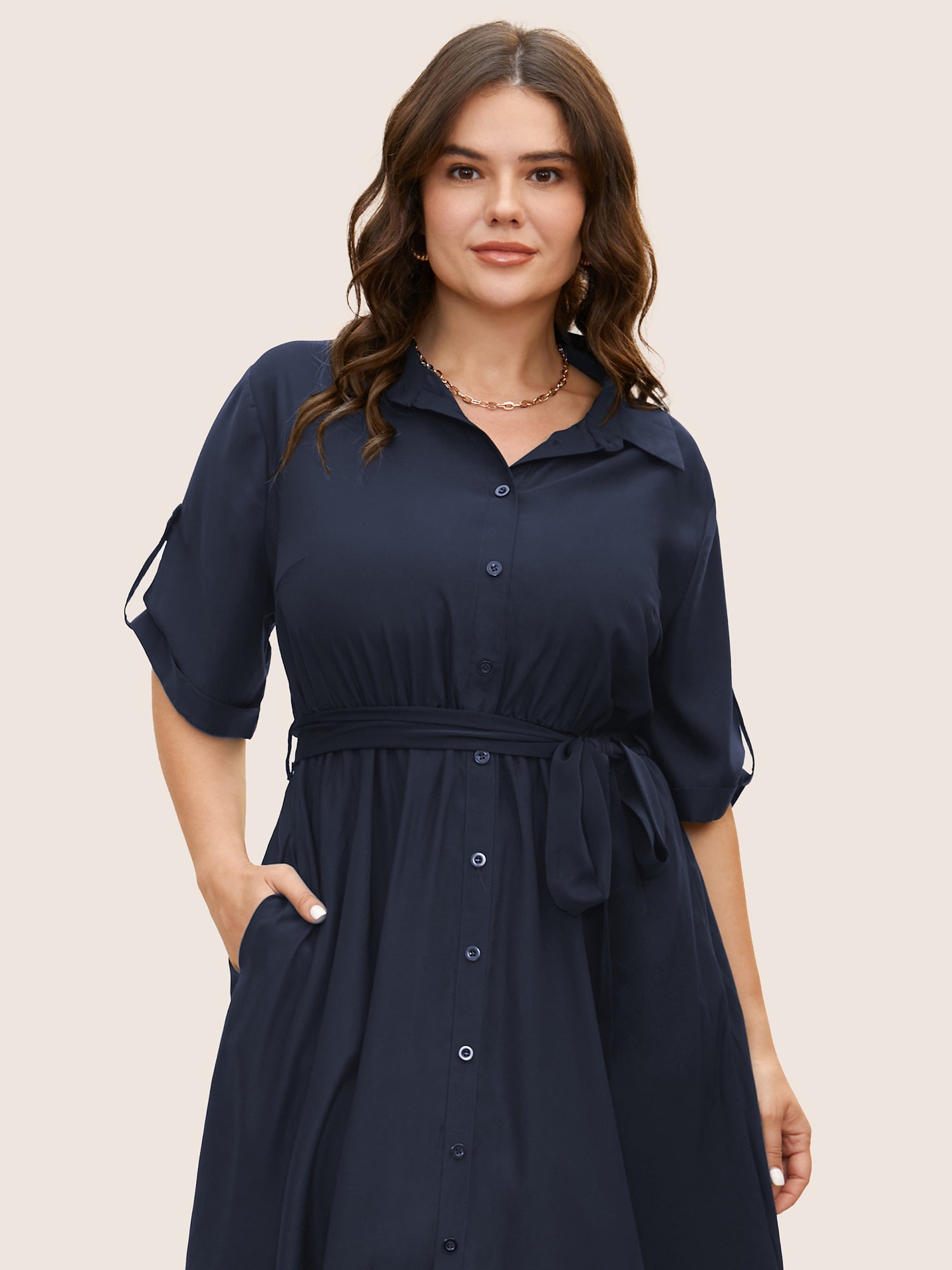 Shirt Collar Tab Sleeve Split Hem Dress