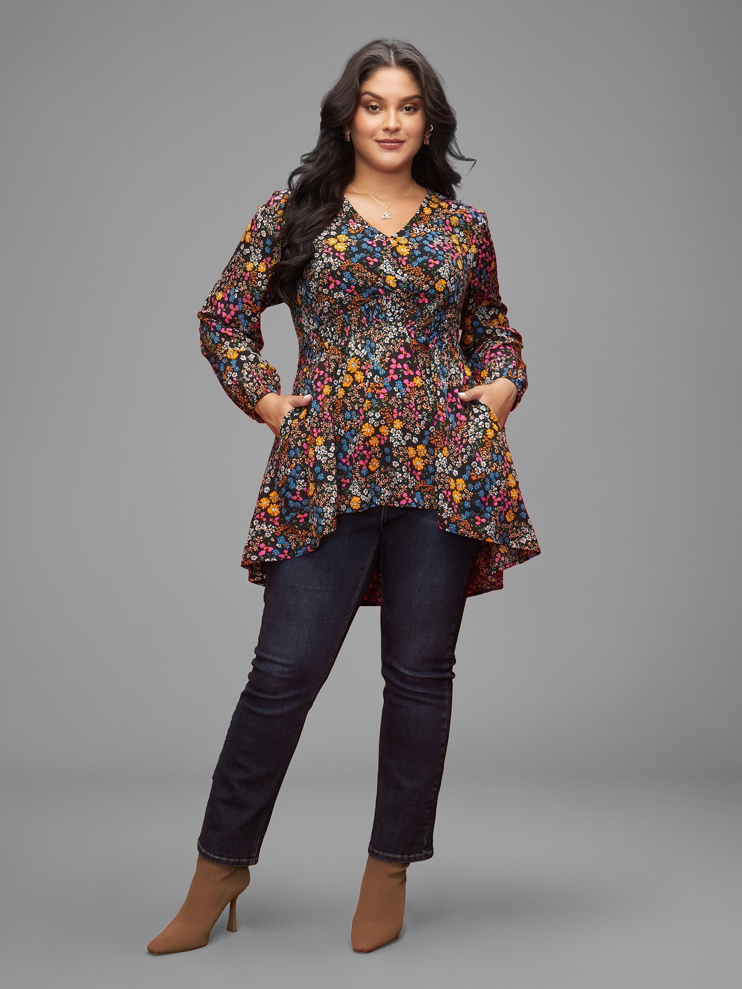 Floral Smocked Waistline Surplice Neck Blouse