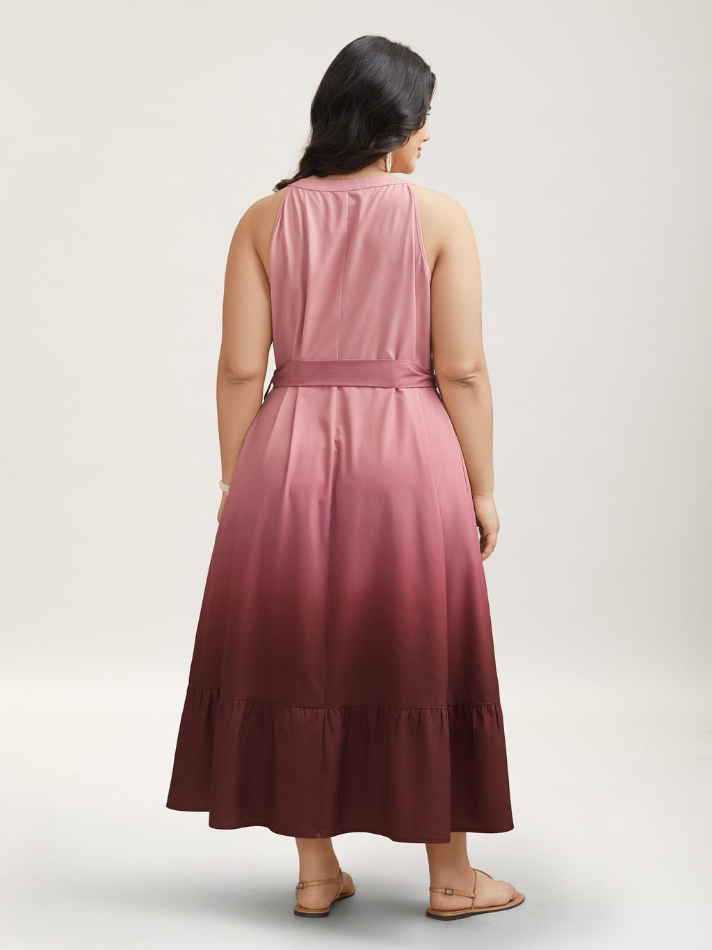 Ombre Gradient Waist-Tie Pockets Midi Dress