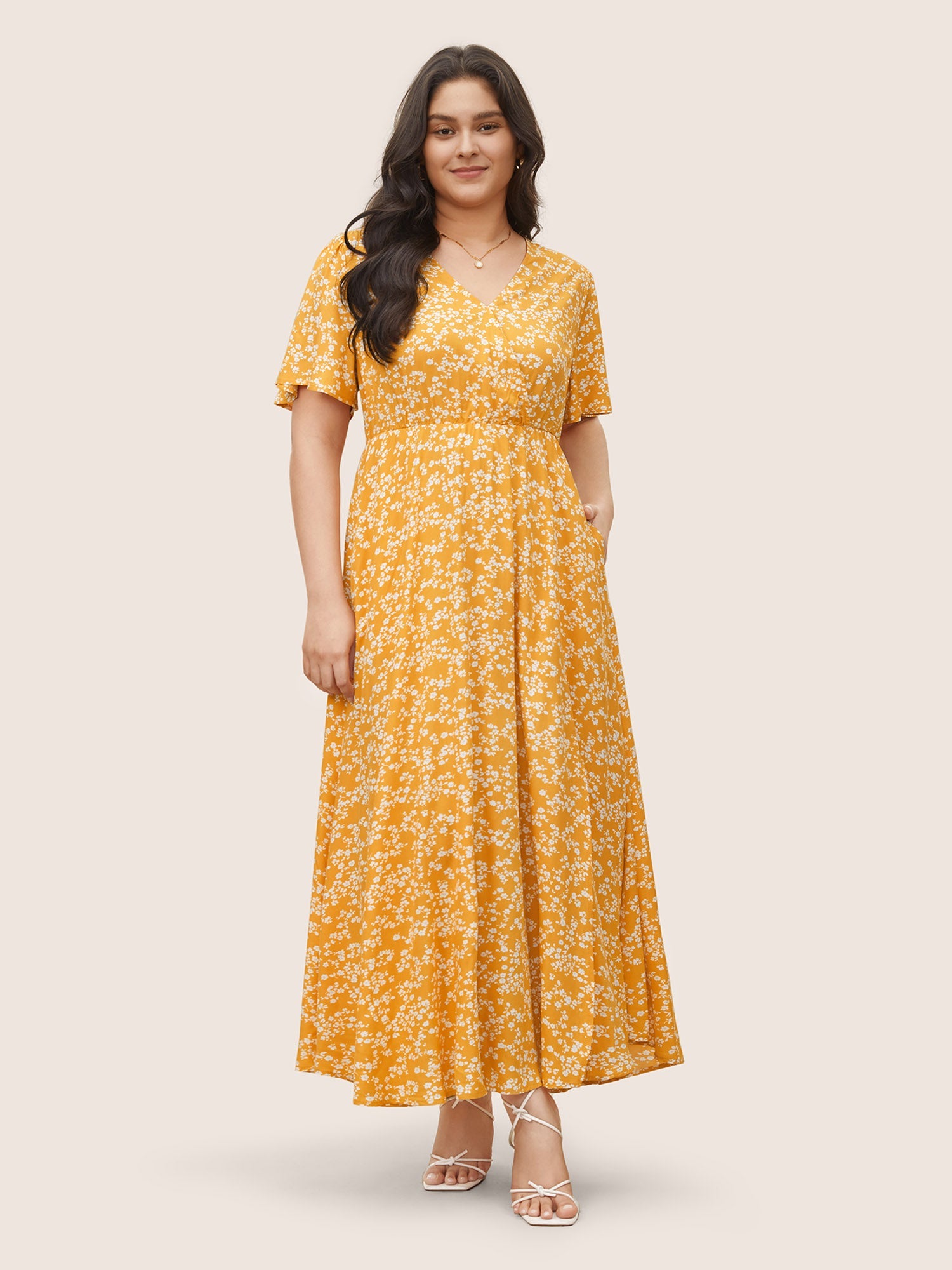 Bloom Dress - Flutter Sleeve Ditsy Floral Pocket Split Maxi Dress