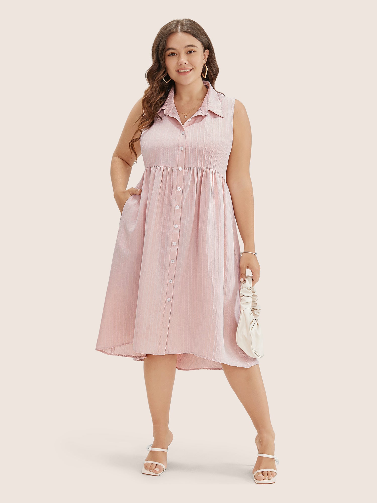 Solid Shirt Collar Ruffle Pocket High Low Hem Button Up Dress