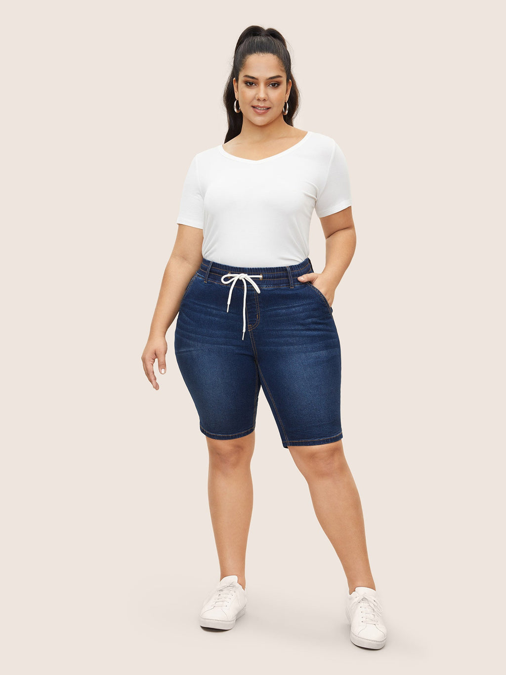 Dark Wash Drawstring Slit Hem Denim Shorts