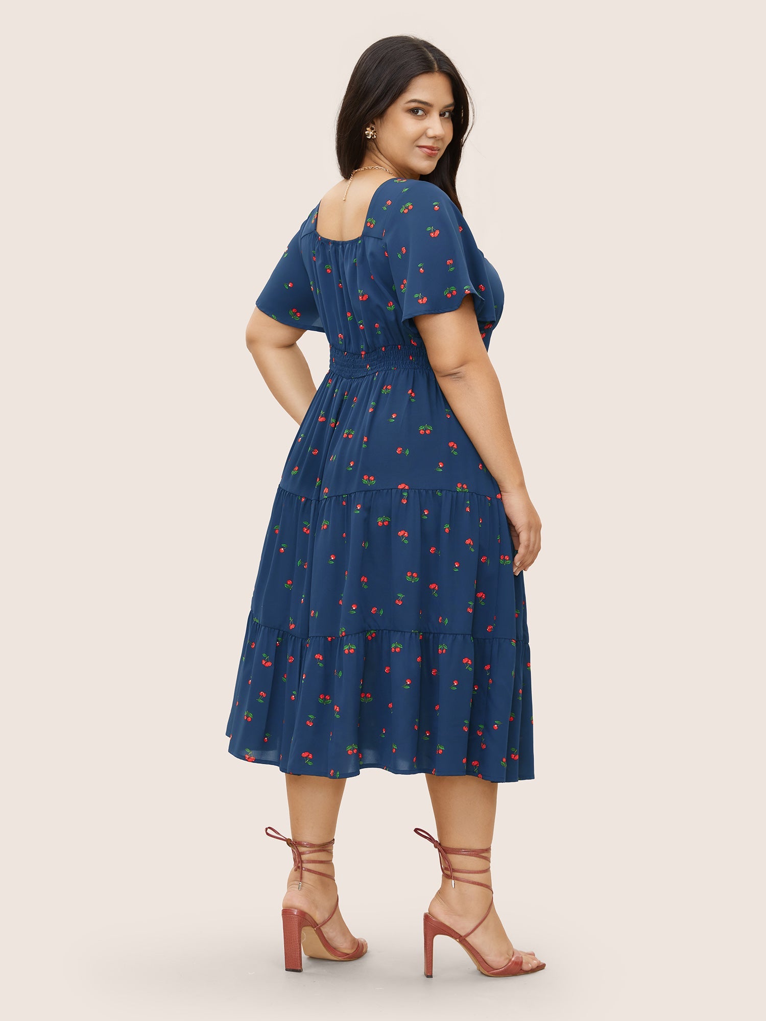 Citrus Fruit Print Heart Neckline Drawstring Pleated Dress