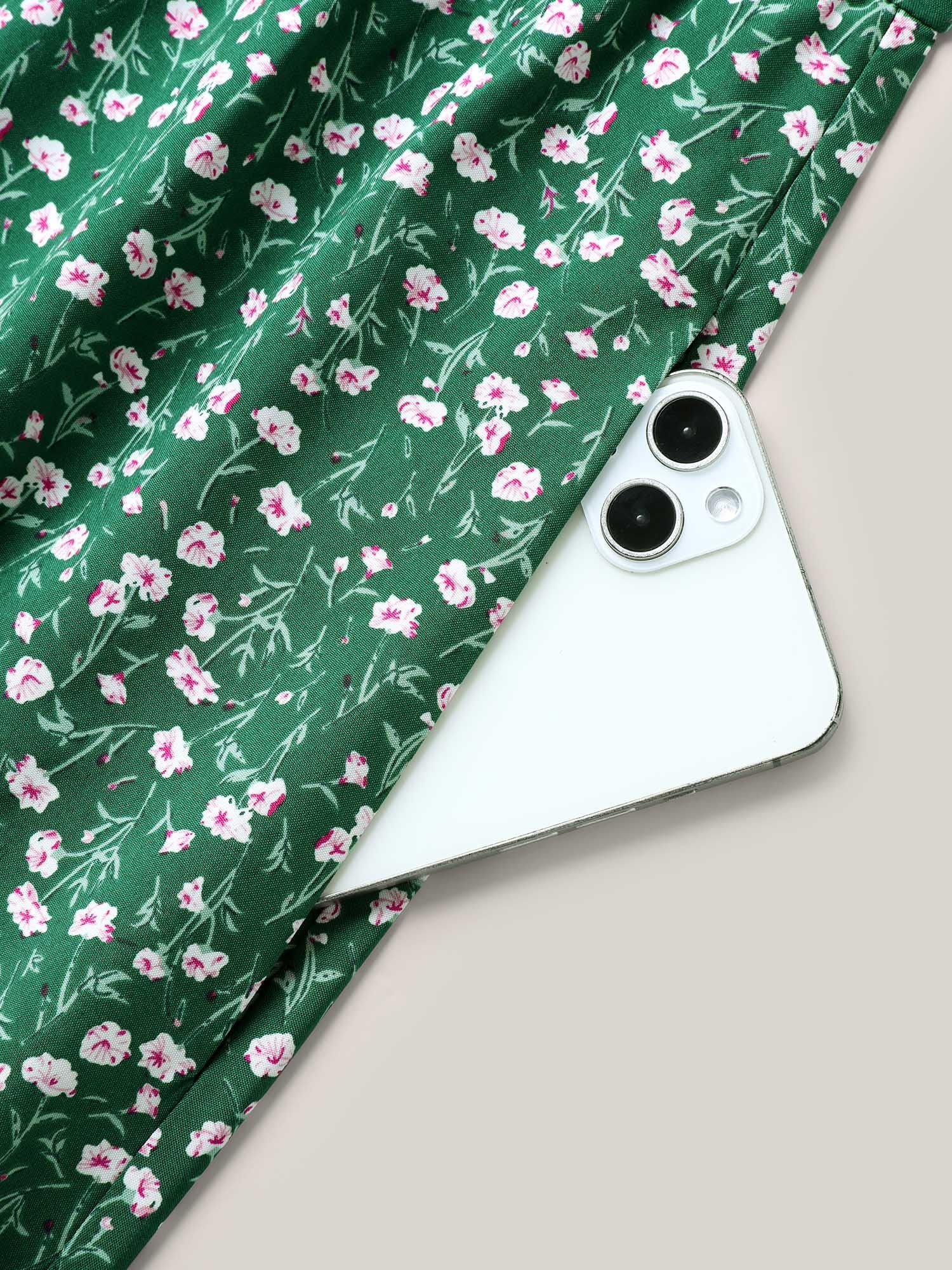 Floral Print Split Neck Pockets Midi Dress