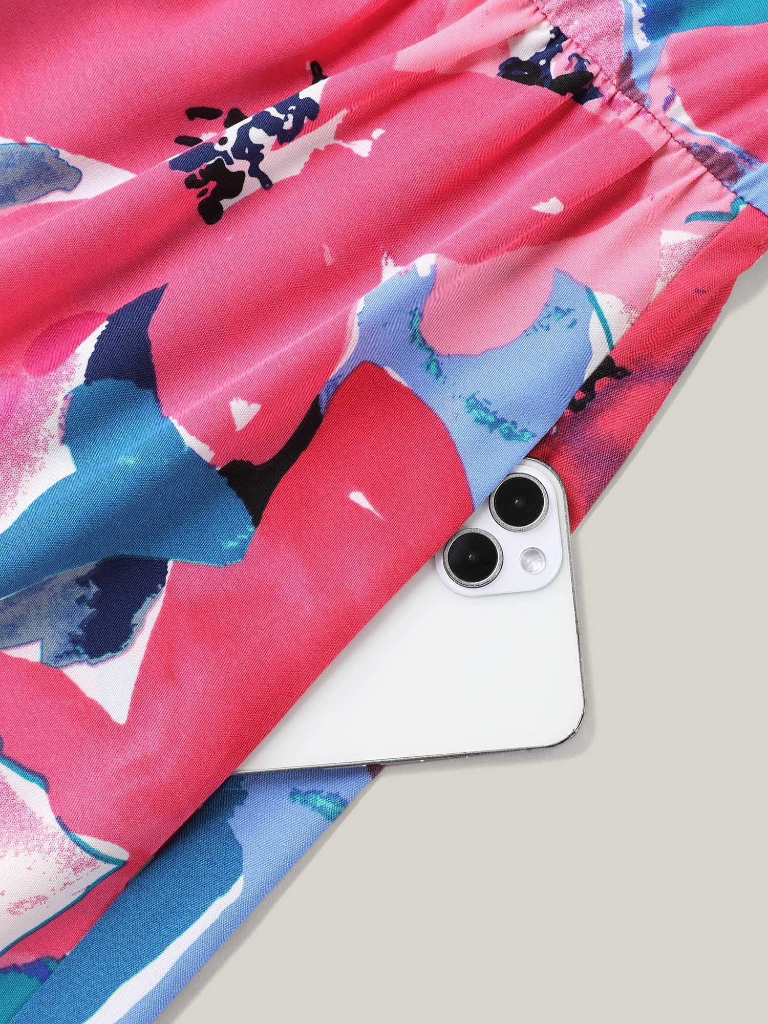 Multi-Color Floral V-Neck Pockets Midi Dress