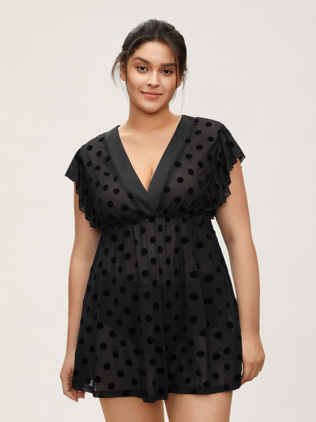 Polka Dot Mesh Ruffle Cap Sleeve Sleep Dress