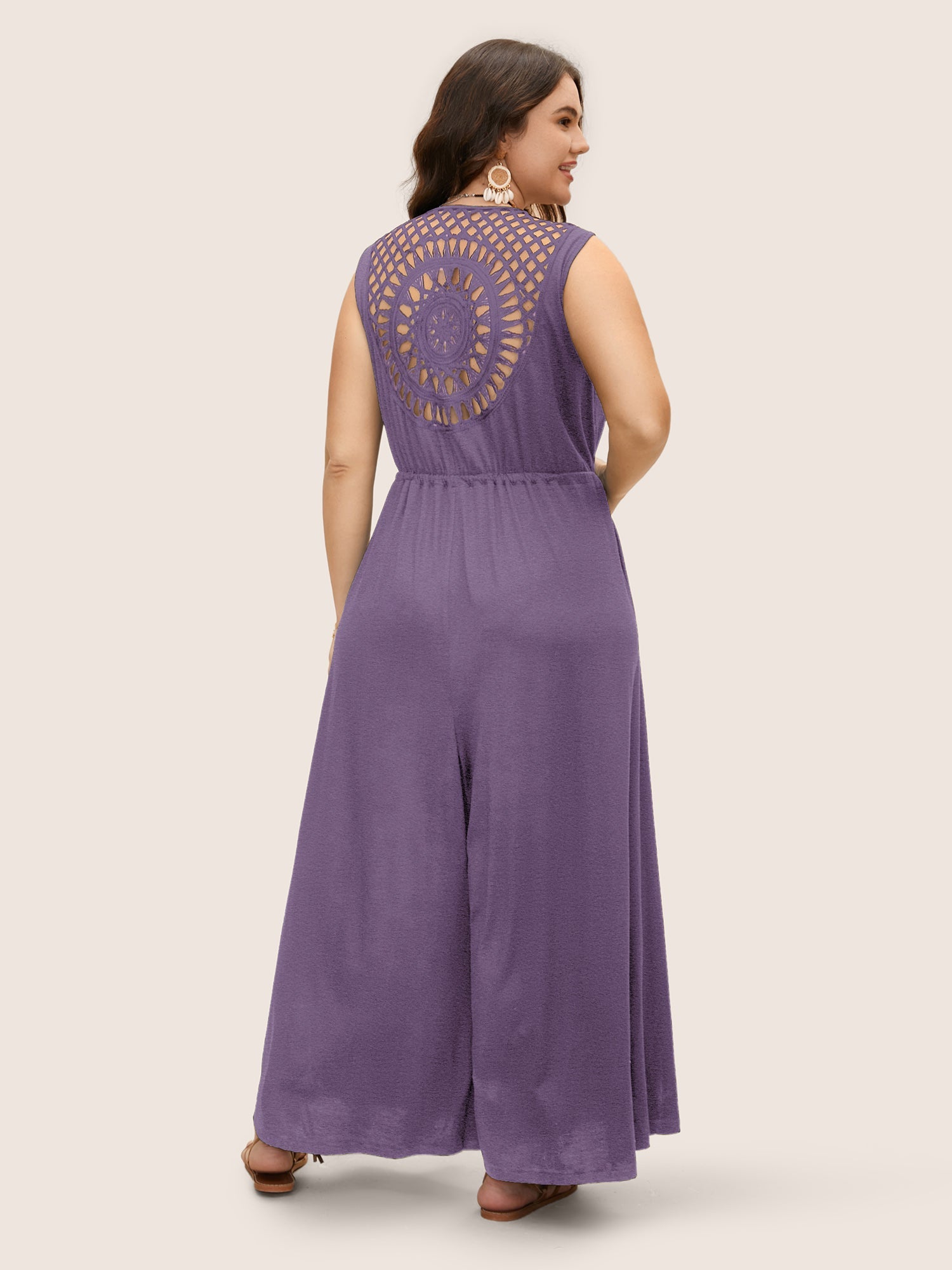 V Neck Crocheted Cut Out Jumpsuit