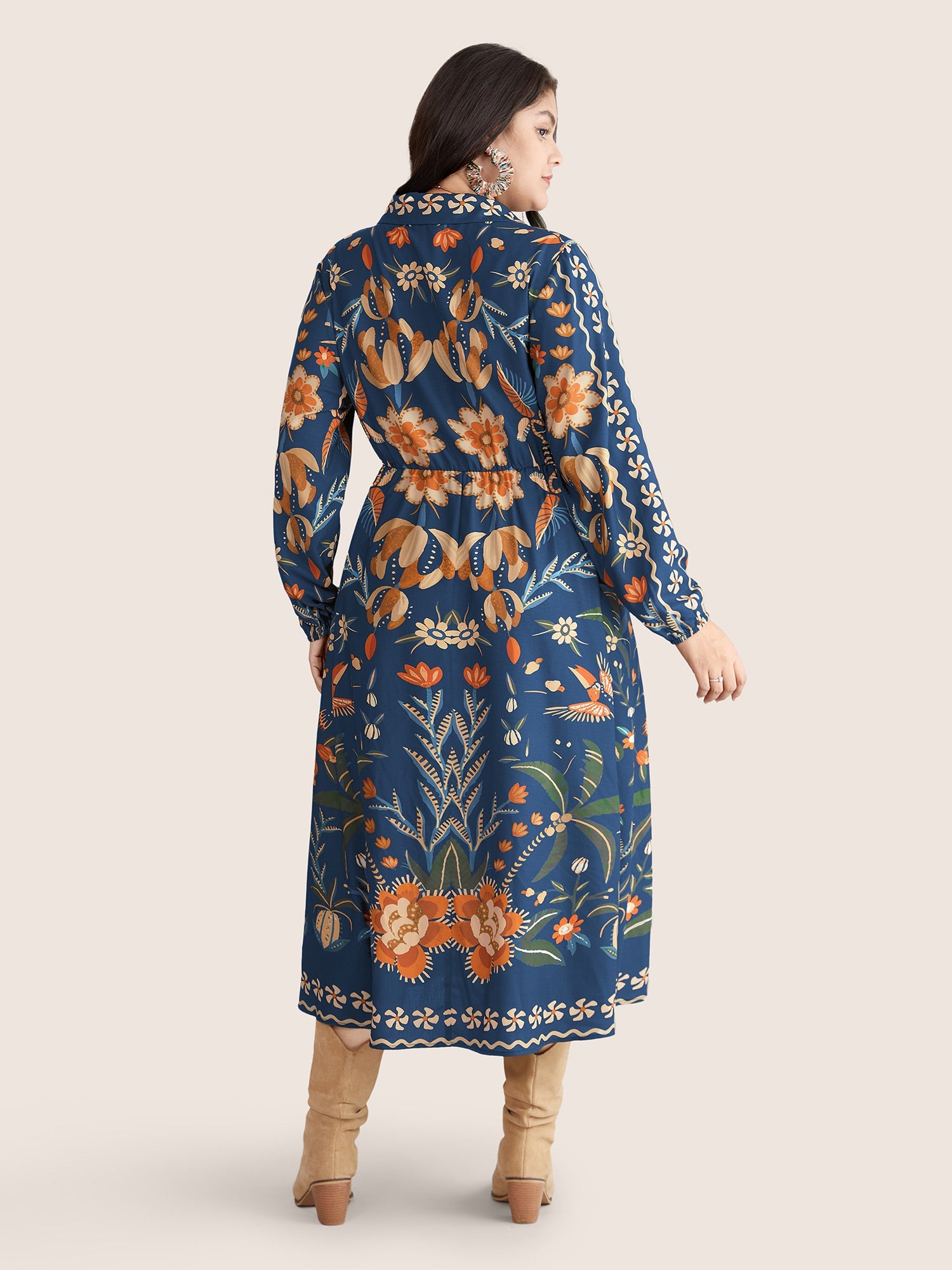 Bandana Print Pocket Lapel Collar Elastic Cuffs Dress