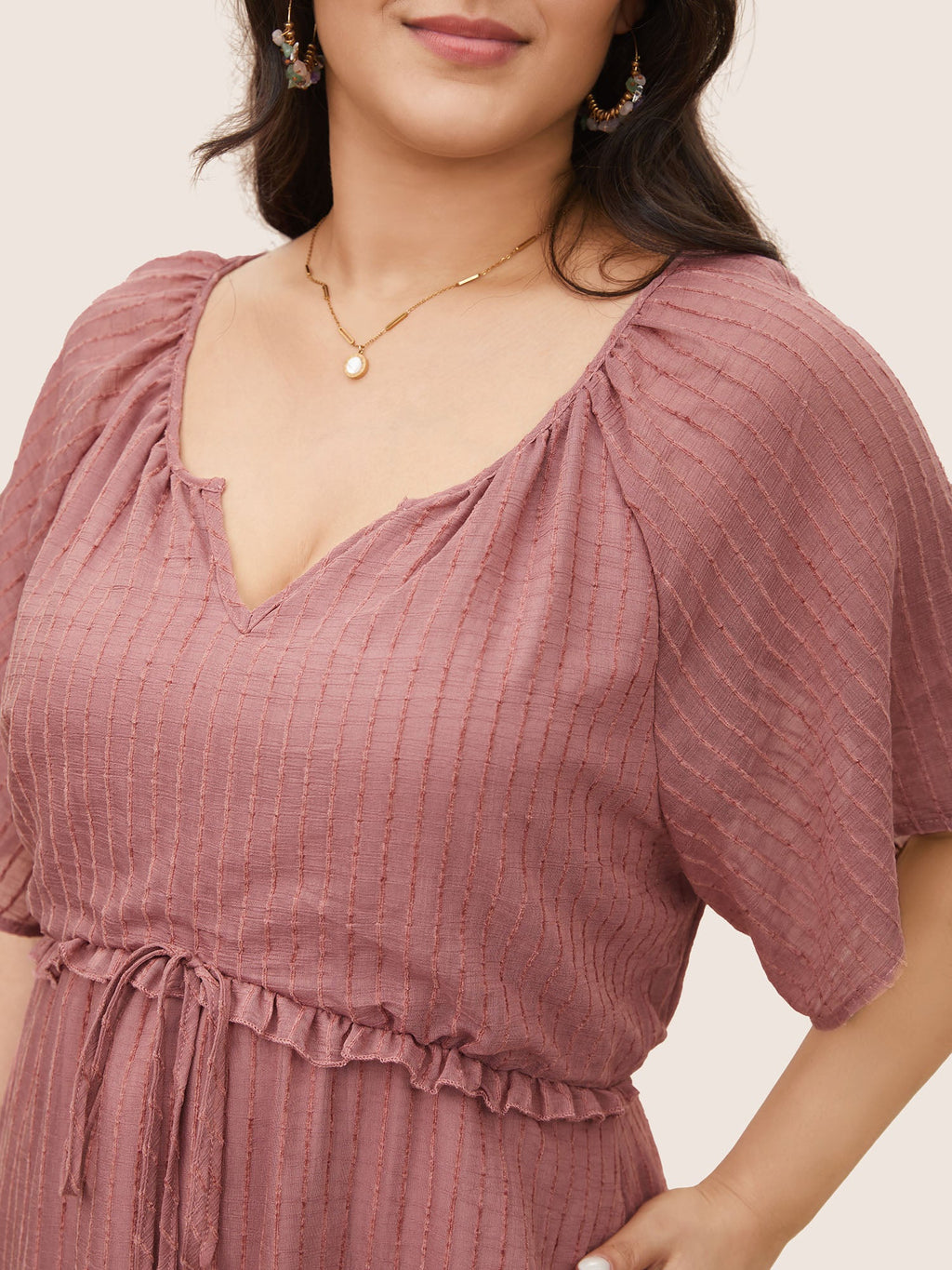 Solid Striped Notched Ties Up Pocket Flutter Maxi Dress