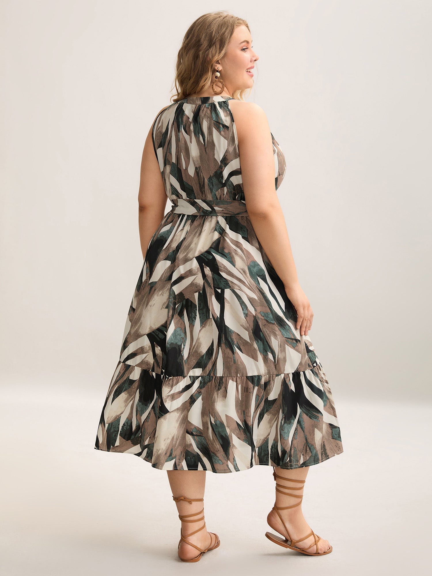 Leaf Print Halter Neck Tiered Midi Dress