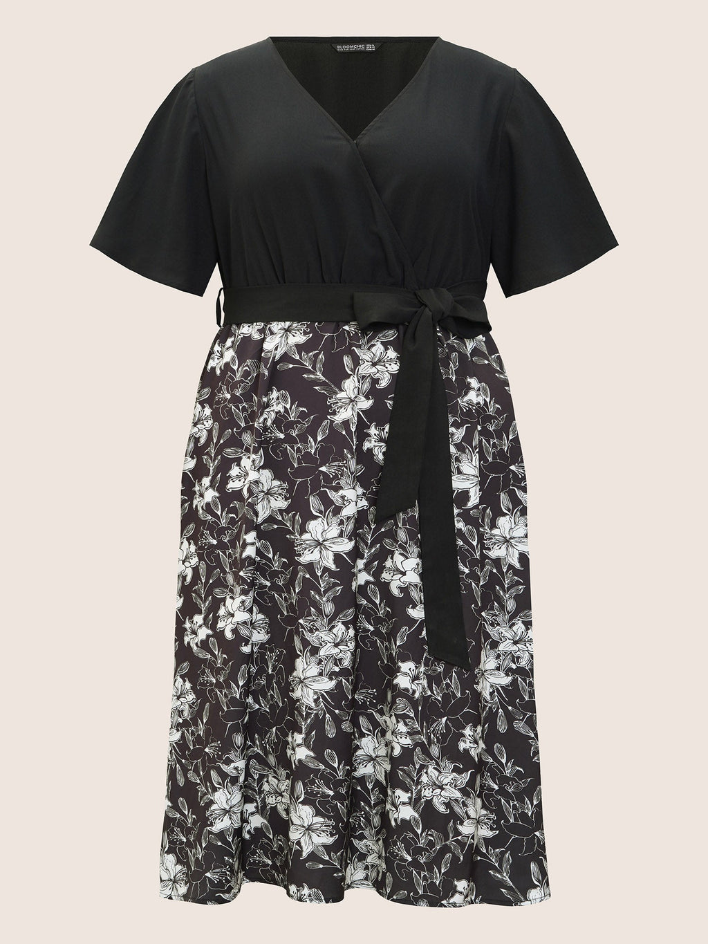 Floral Patchwork Pocket Belt Surplice Neck Ruffle Hem Dress