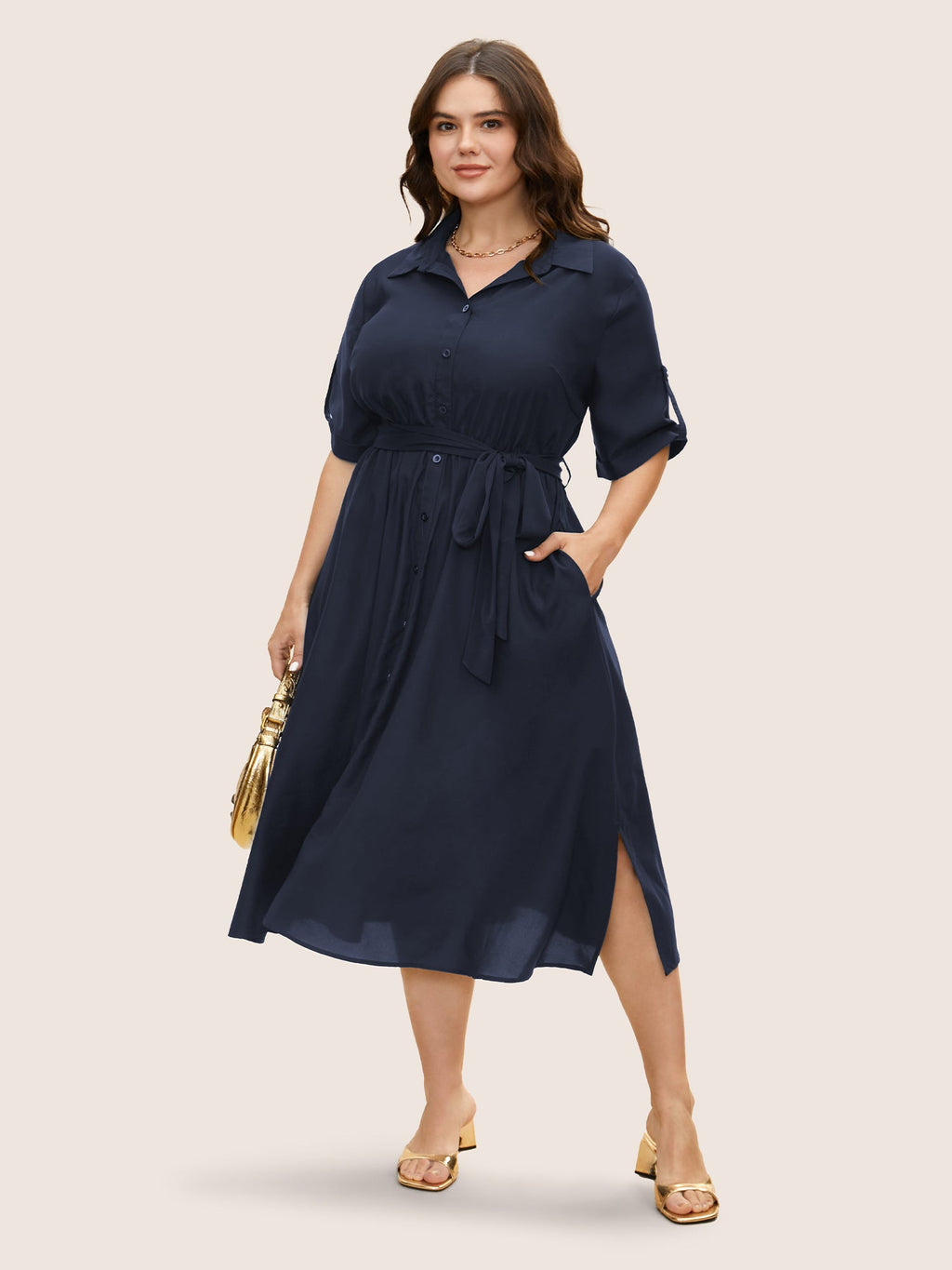 Shirt Collar Tab Sleeve Split Hem Dress