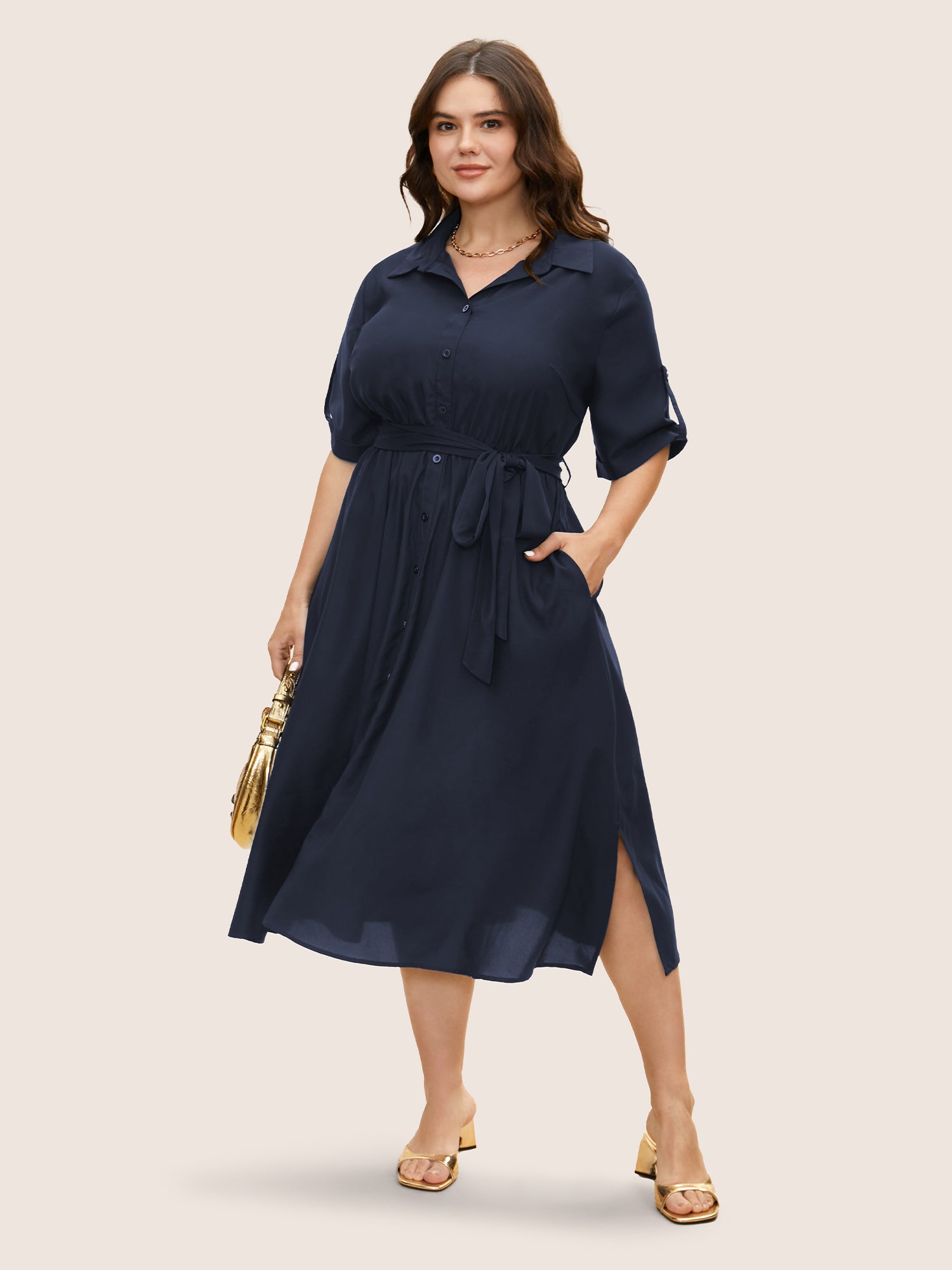 Shirt Collar Tab Sleeve Split Hem Dress