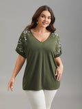 Stretchy Embroidered Drop Shoulder T-Shirt