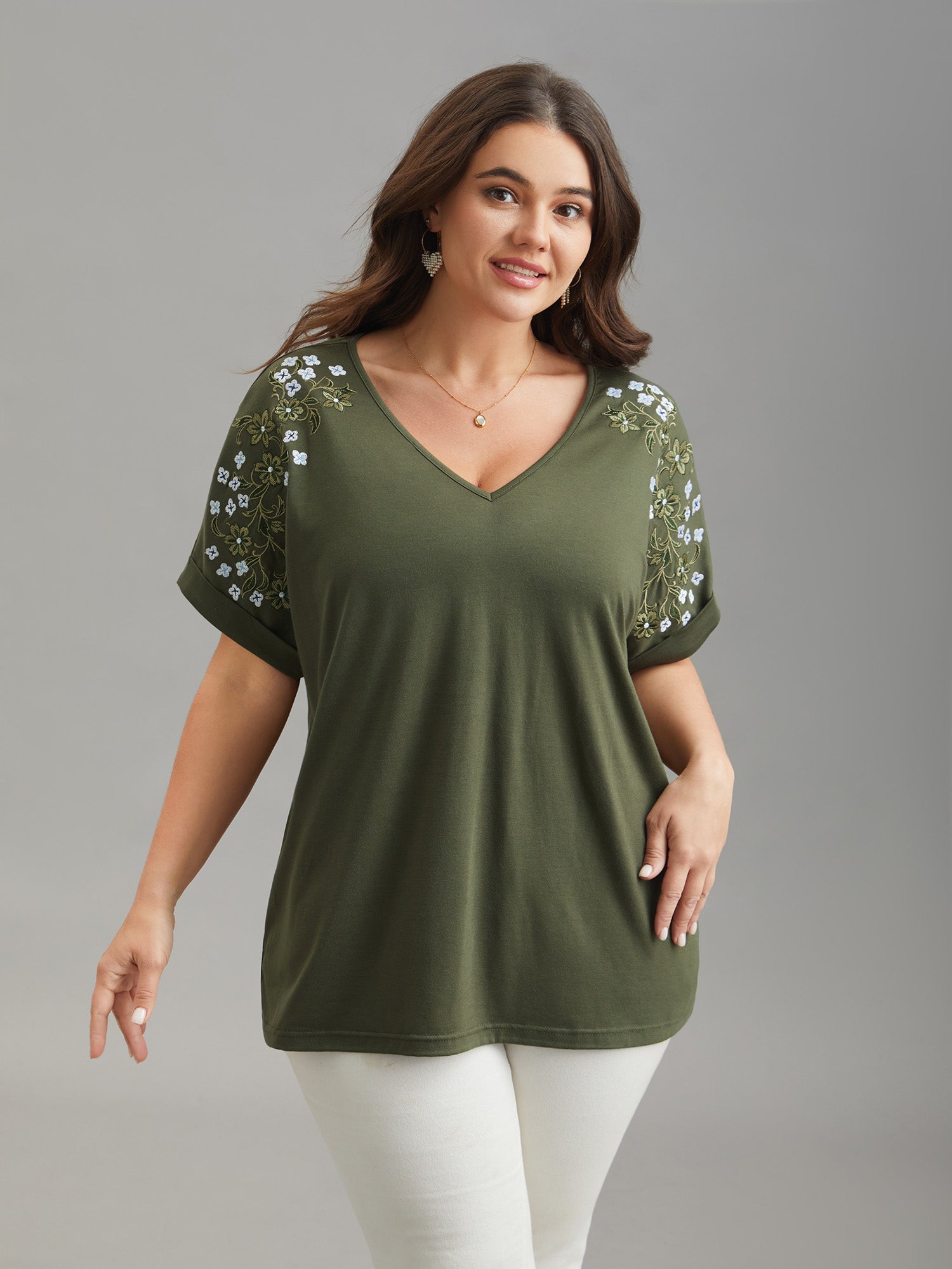 Stretchy Embroidered Drop Shoulder T-Shirt