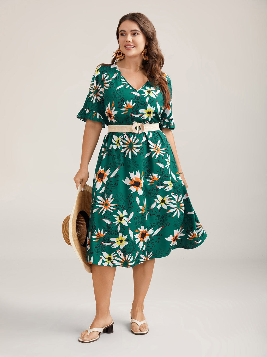 Spring Floral Print Pockets Ruffled Midi Dress