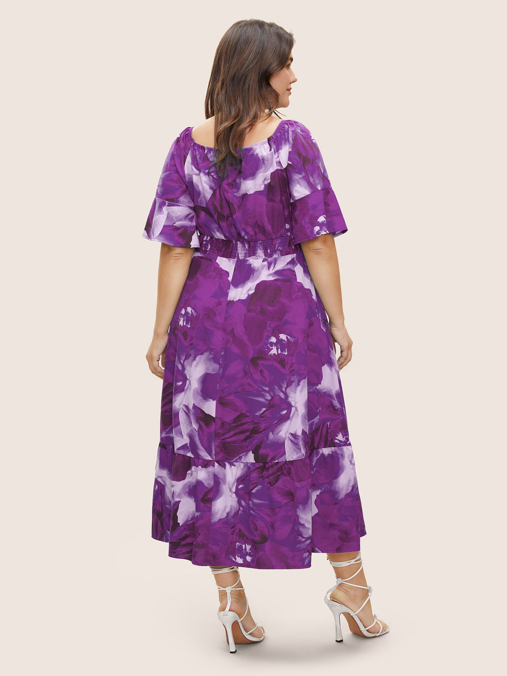 Square Neck Floral Shirred Ruffle Sleeve Dress