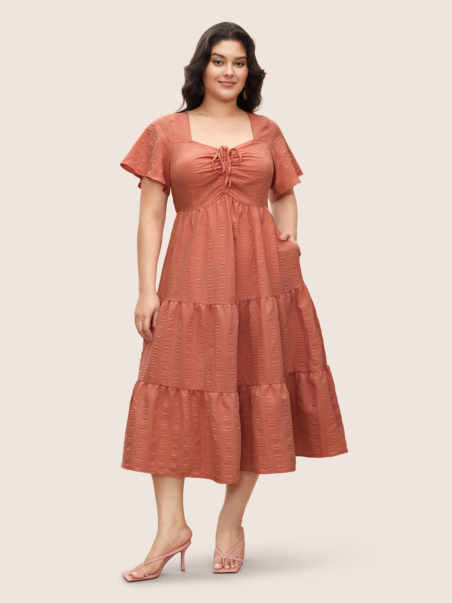 Plain Ruched Drawstring Pocket Ruffle Tiered Dress
