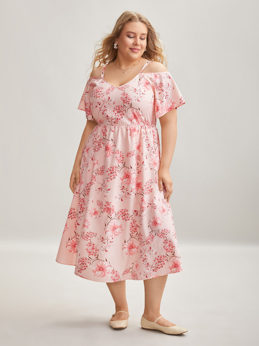 Floral Print Cold-Shoulder Pockets Midi Dress