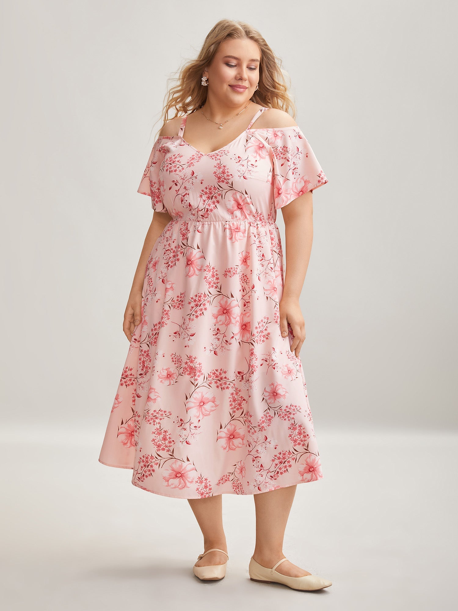 Floral Print Cold-Shoulder Pockets Midi Dress