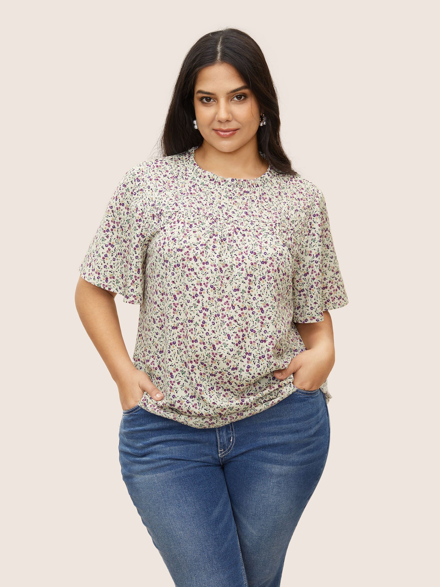 Ditsy Floral Plicated Detail Frill Trim Blouse
